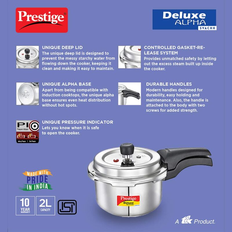 Prestige Svachh Deluxe Alpha 2.0 Litre Stainless Steel Outer Lid Pressure Cookers, Silver, 2 Liter - Image 3