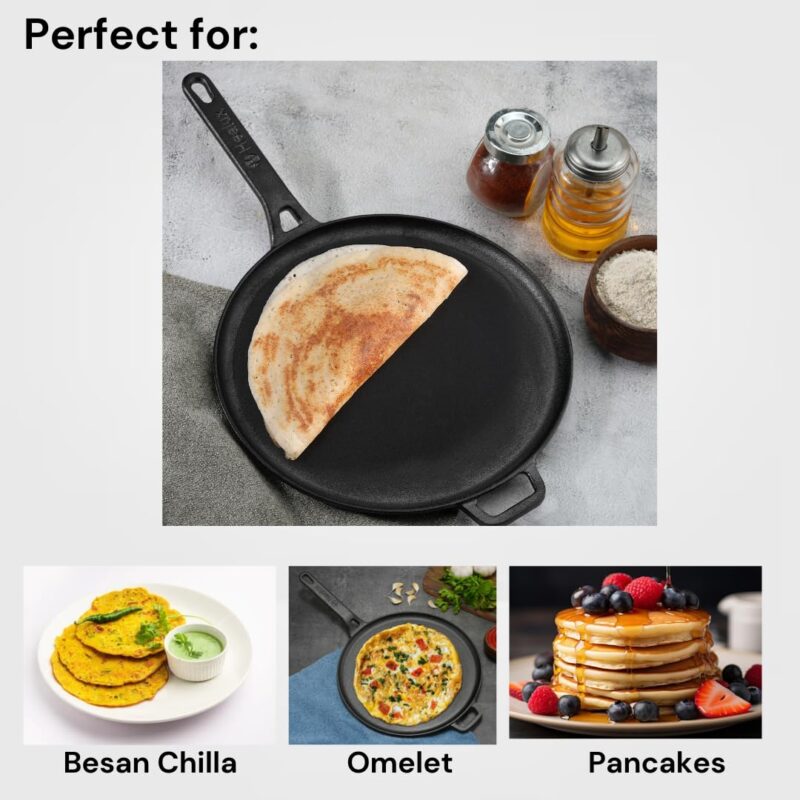 Healux 28cm Pre-Seasoned Cast Iron Dosa Tawa/Uttapam/Roti/Chapati/Obattu/Paratha Tawa | Toxin Free | Naturally Non Stick | Gas Base - Image 5