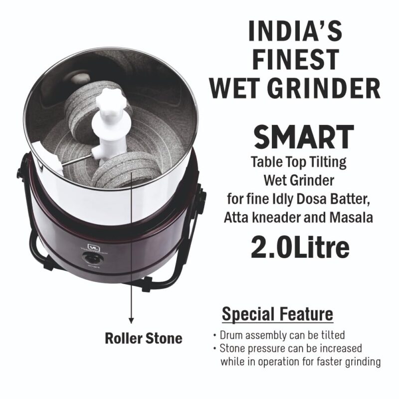 VIJAYALAKSHMI | Smart 2 Litre | Heavy ABS Body with Metal Stand Wet Grinder, 2L (Maroon) | with Coconut Scrapper & Atta Kneader Attachment. - Image 3