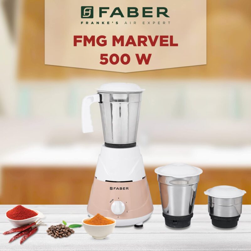 Faber Marvel 500W Blender Mixer Grinder, || Low-Noise, Up to 18000 RPM Speed || 3 SS Steel Jars for Wet, Dry Or Chutney Grinding ||1 year Comprehensive Warranty (FMG MARVEL 500 Watt 3J PW) Peach White - Image 2