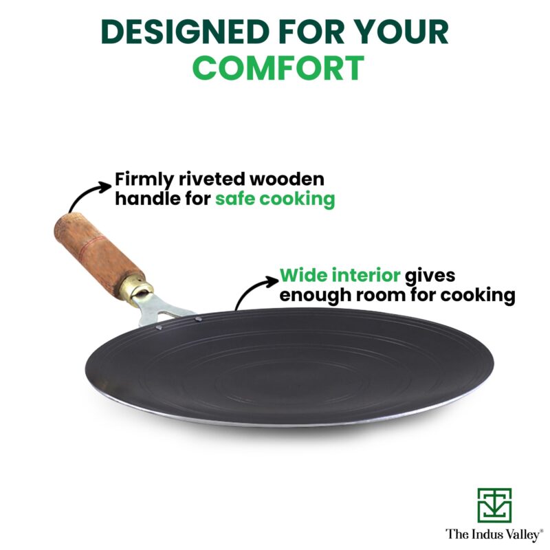 The Indus Valley Pre-Seasoned Iron Tawa for Dosa/Chapathi with Wooden Handle | 27cm/10.6 inch, 0.95kg | Gas Stove Friendly | 100% Pure & Toxin-Free, No Chemical Coating - Image 3