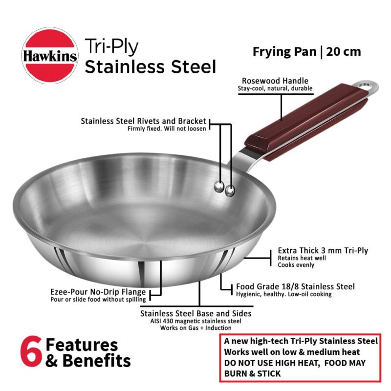 Hawkins 20 cm Frying Pan, Triply Stainless Steel Fry Pan, Induction Frying Pan, Small Frying Pan, Silver (SSF20) - Image 5