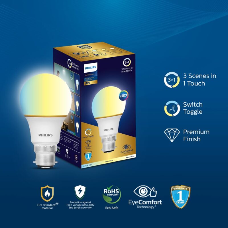 PHILIPS 9W B22 LED Bulb | 3 Colors in 1 LED Bulb | Scene Switch Bulb for Home & Decoration | Color: Tunable White | Pack of 2 | Gold Perform Series - Image 6
