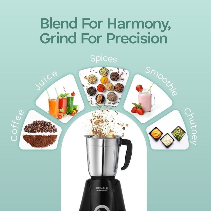 Pringle 2 Jar Mixer Grinder| 500W Powerful Motor | [ISI] Certified | 304 Grade SS Blade| 2 SS Jars Liquidizing Jar (1 Litres) Chutney Jar (0.4 Litres)3 Speed Options with Whip (1 Year Warranty) - Image 7