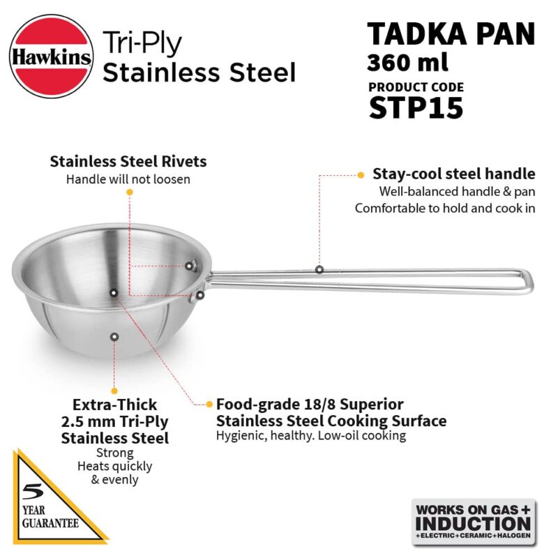 Hawkins 1.5 Cup Tadka Pan, 360 ml Triply Stainless Steel Pan, Induction Pan, Silver (STP15) - Image 6