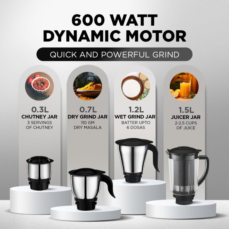 Preethi Crown Plus Mixer Grinder |600 Watt Mixie,4 Jars|Super Extractor Juicer Jar | 5yr Motor Warranty & Lifelong Free Service|White/Purple (MG-258) - Image 5