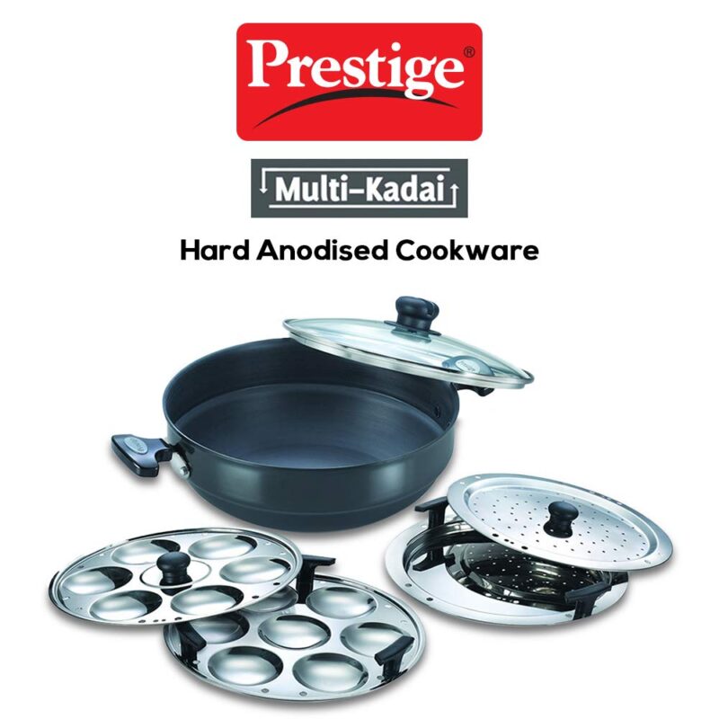 Prestige Hard Anodised Multi Kadhai | 28 cm | Black | Induction Base | Multi-Purpose Accesories - Idli Stand, Dhokla Stand and Steamer | Round Bottom | Durable Handles - Image 4