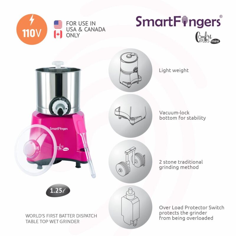 SmartFingers Stainless Steel Comfort Plus Table Top Magic Wet Grinder 110V 60Hz (1.25 L) For Usa Canada And Japan Only, Pink - Image 5