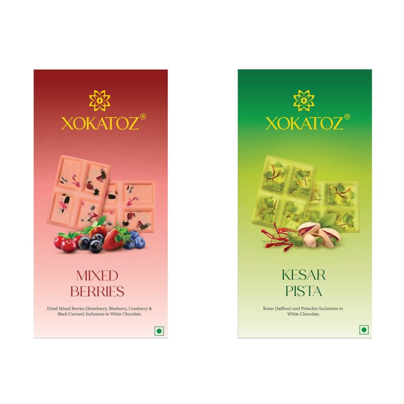 XOKATOZ Exotic Premium Chocolate - 1 Mixed Berries and 1 Kesar Pista Flavours - Flavoured White Chocolate Bars - Gift Set- Pack of 2, 150g (75g x 2)