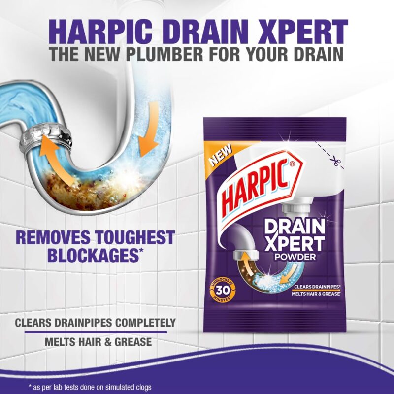 Harpic DrainXpert Drain Cleaning Powder (50g x 8) | Removes Blockages in Pipes, Sinks & Septic Tanks| Works within 30 minutes | Melts Grease & Dissolves Hair (Pack of 2) - Image 7