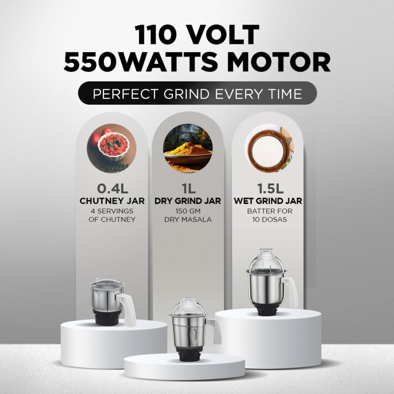 Preethi Eco Plus MG-138 110V, 550 Watt Mixer Grinder with 3 Jars (0.4L Chutney grinding Jar + 1.0L dry grinding Jar + 1.5L Wet grinding Jar, Stainless Steel) with 5 Yrs Motor warranty, White - Image 6