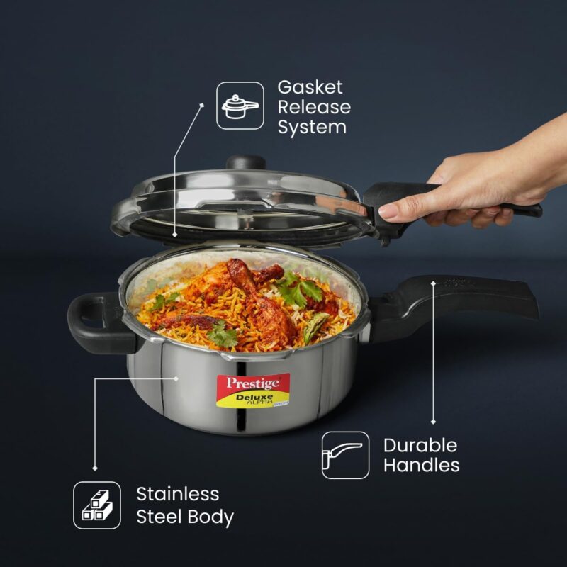 Prestige 3L Svachh Deluxe Alpha stainless steel Pressure Cooker|Outer lid|3-4 personsl|Deep lid for spillage control|Gas & induction compatible|Controlled GasketRelease System|Silver|10 years warranty - Image 5