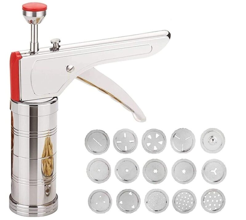 Wazdorf Stainless Steel Kitchen Press with 15 Different Types of Jalies, Murukku Maker/Bhujiya Maker/Noodles/Cookies/Namkeen/Chakali Maker/Sev Maker/Farsan Maker/Gathiya Maker - Image 6