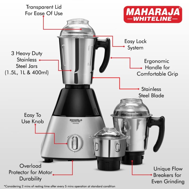 Maharaja Whiteline Infinimax HD Mixer Grinder with 3 Jars, 1000 Watts, Silver & Black, 5 Years Warranty on Motor, Plastic - Image 5