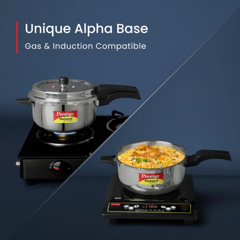 Prestige 5L Deluxe Alpha Svachh stainless steel Pressure Cooker|Outer lid|Ideal for 5-7 persons|Deep lid for spillage control|Gas & induction compatible|Silver - Image 3