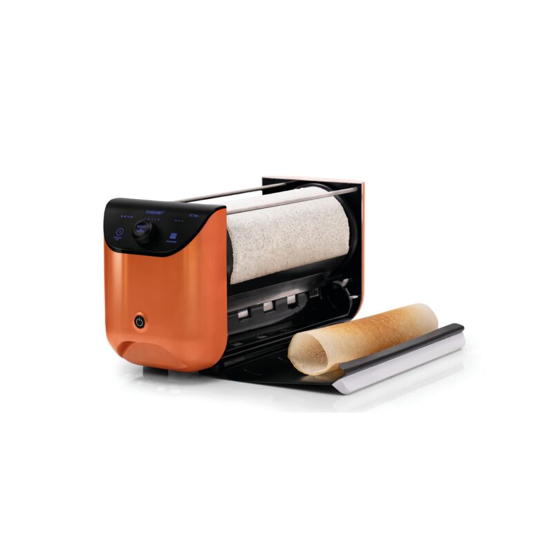 EVOCHEF EC Flip Automatic Dosa Maker, 1-Minute Dosas, 360° Food Grade Coated Roller, Easy Cooking Time & Thickness Control, Touch Controls, Compact & Portable, 1600W, 1 Year Warranty, Metallic Orange