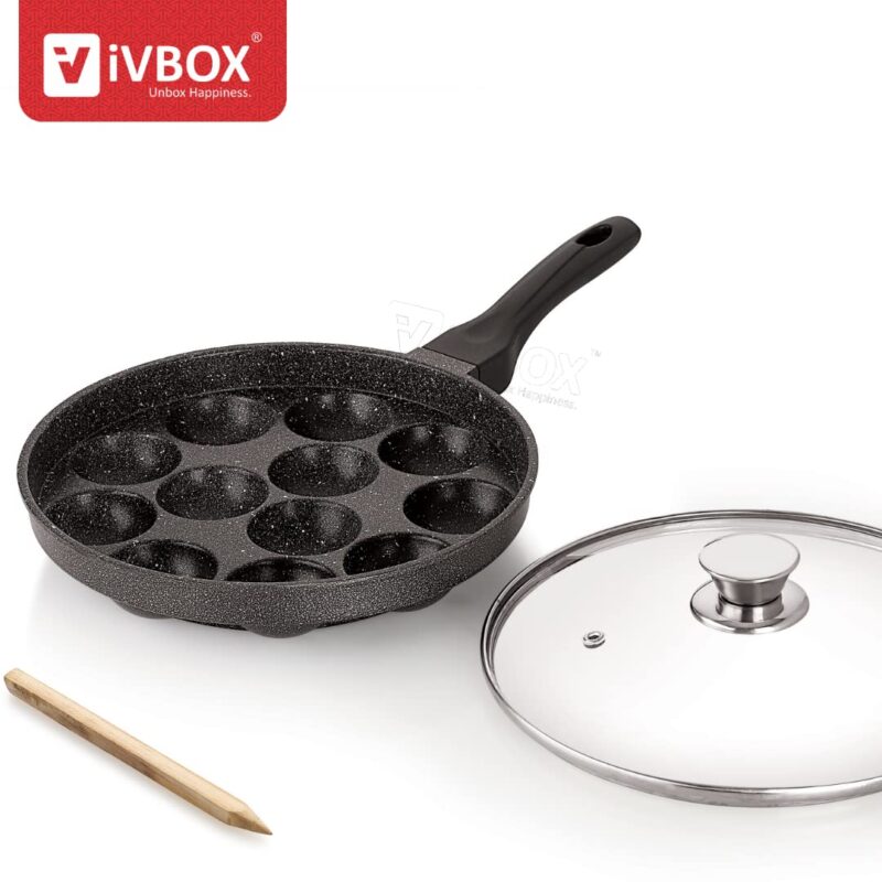 ivbox MAX-PRO Appam Pan Heavy-Weight Non-Stick appe Paniyarakkal Maker with Glass Lid, Cast Aluminium, Silver Grey - Image 2