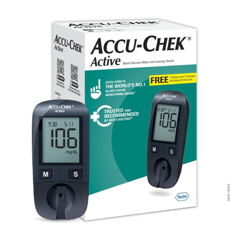 Accu-Chek Active Blood Glucose Glucometer Kit with Vial of 10 Strips, 10 Lancets and a Lancing device FREE