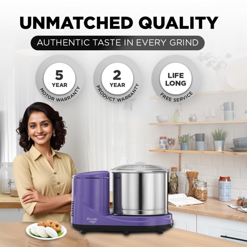 Preethi Wet Grinder|150W 2L Stainless Steel Table Top Wet Grinder|Ideal for Making South Indian Batter in Your Kitchen (Lavender) - Image 2