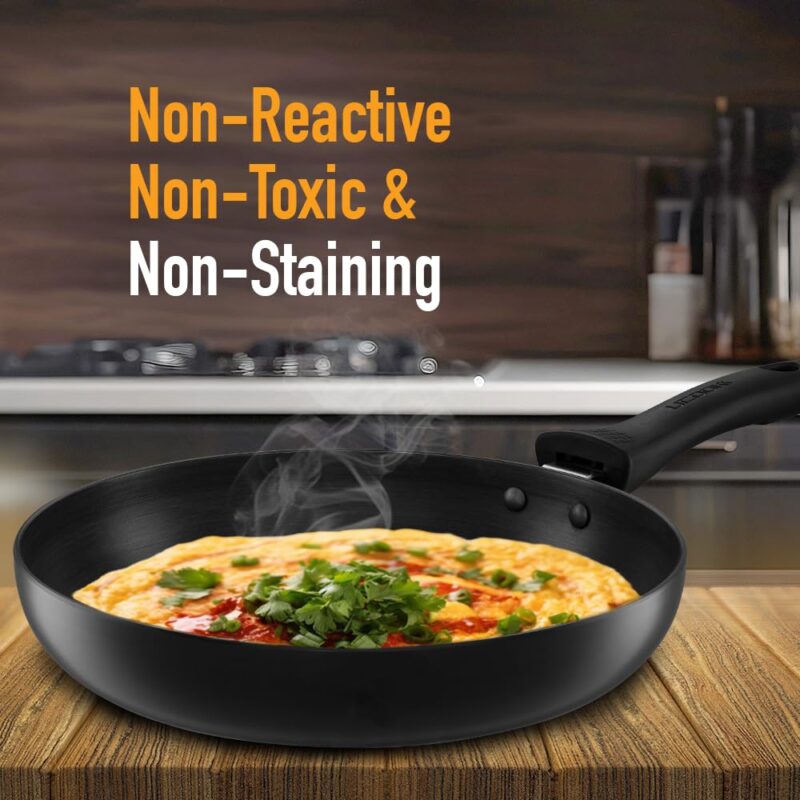 KENT Hard Anodised Frying Pan 22 CM | 1.4L | Non Reactive, Non Toxic, & Non Staining Food Grade Surface | 3.25mm Thick Base for Uniform Heating| Cool Touch Bakelite Handle | Induction Friendly, Black - Image 4
