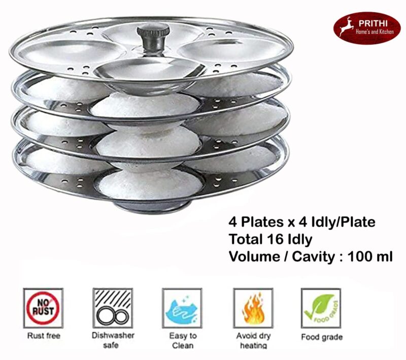 Prithi Home's and Kitchen Heavy Gauge Stainless Steel Induction Friendly Idli Cooker/Idli maker 4 plate Regular + 2 Mini Idly plate -16 idli,36 mini Idli (4 Regular Idli Plate with stand+ 2 Mini Idly Plate Extra) - Image 4