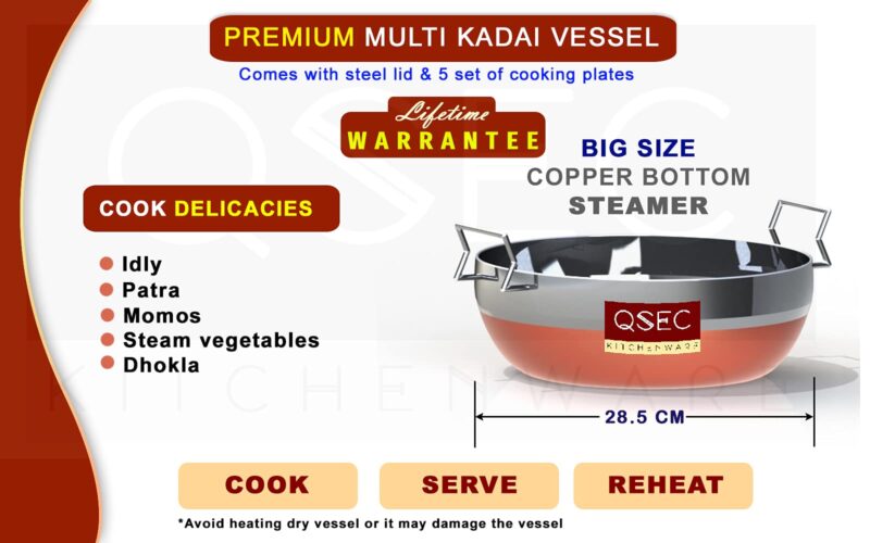 QSEC Stainless Steel Idly Cooker Multi Kadai Idli And Dhokla Steamer & Idli Cooker With 7 Plates|Mini Idli Stand|2 Mini Idli Plate|2 Idli|2 Dhokla|1 Momos|Multi Utility Kadai Cookware Set,5 Litre - Image 2
