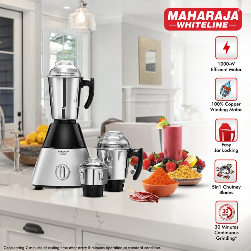 Maharaja Whiteline Infinimax HD Mixer Grinder with 3 Jars, 1000 Watts, Silver & Black, 5 Years Warranty on Motor, Plastic - Image 7