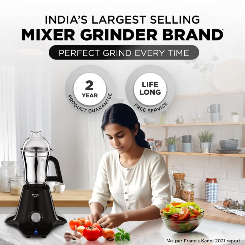 Preethi Boltz Mixer Grinder for Kitchen | 4 Jars 1000 Watts Mixie| 3 Stainless Steel Jar & 1 Blender Jar for Milkshake,Smoothie,Puree - Black (MG-288) - Image 2