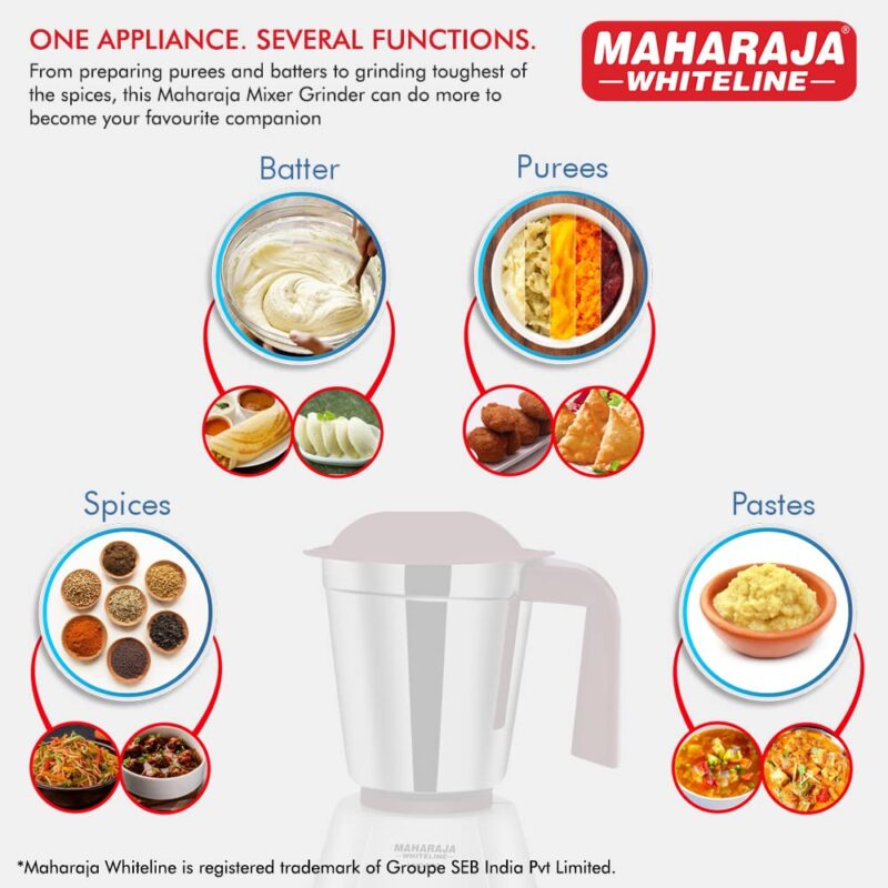 Maharaja Whiteline 500W Livo Pro Mixer Grinder with 3 Stainless Steel Jars with lid and 20,000 RPM Motor Speed (White & Cherry Red) - Image 2