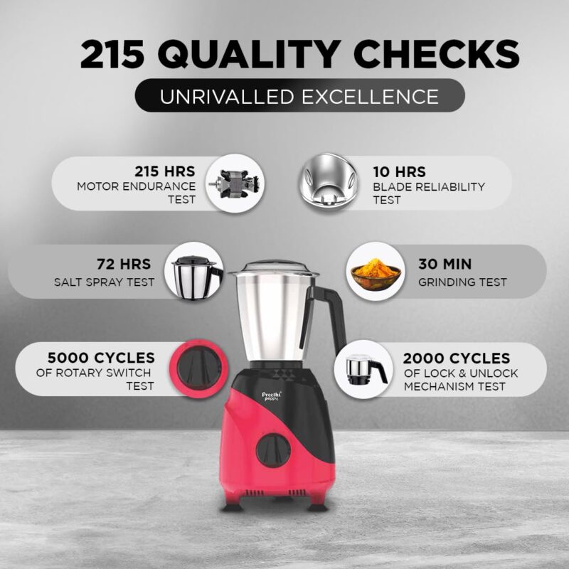 Preethi Peppy Mixer Grinder for Kitchen| 750 Watt Mixie, 3 jars | 5yr Motor Warranty & Lifelong Free Service | Black/Red (MG-245) - Image 3