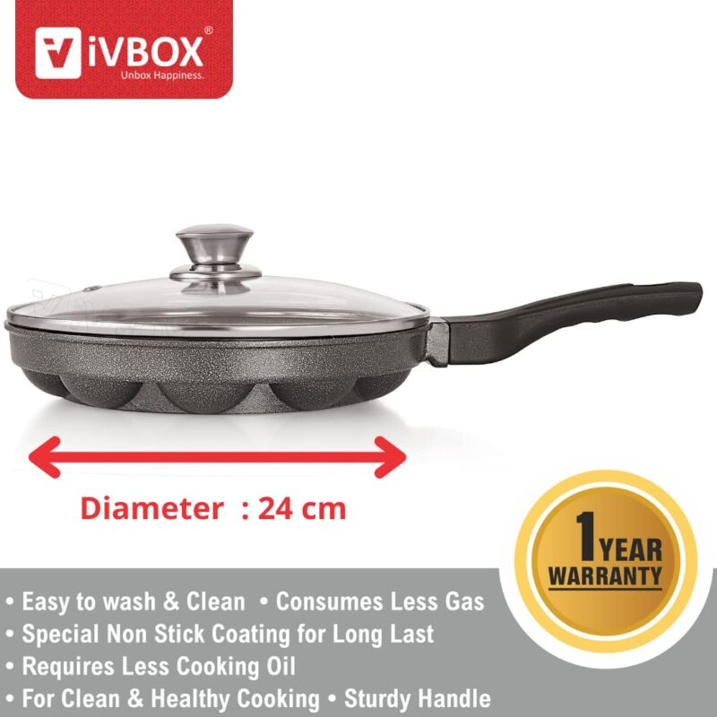 ivbox MAX-PRO Appam Pan Heavy-Weight Non-Stick appe Paniyarakkal Maker with Glass Lid, Cast Aluminium, Silver Grey - Image 5