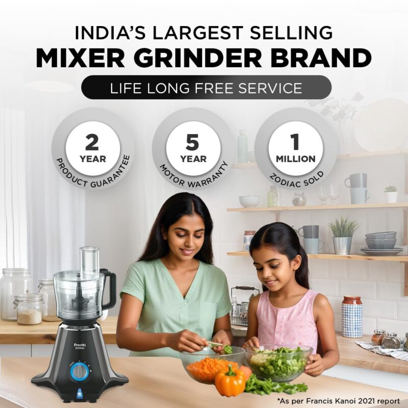 Preethi Zodiac Mg-218 Mixer Grinder for Kitchen, 5 Jars 750 Watt Mixie (3 Stainless Steel Jars +1 Juicer Jar+1 Master Chef Plus Food Processor Jar),Black/Light Grey - Image 2