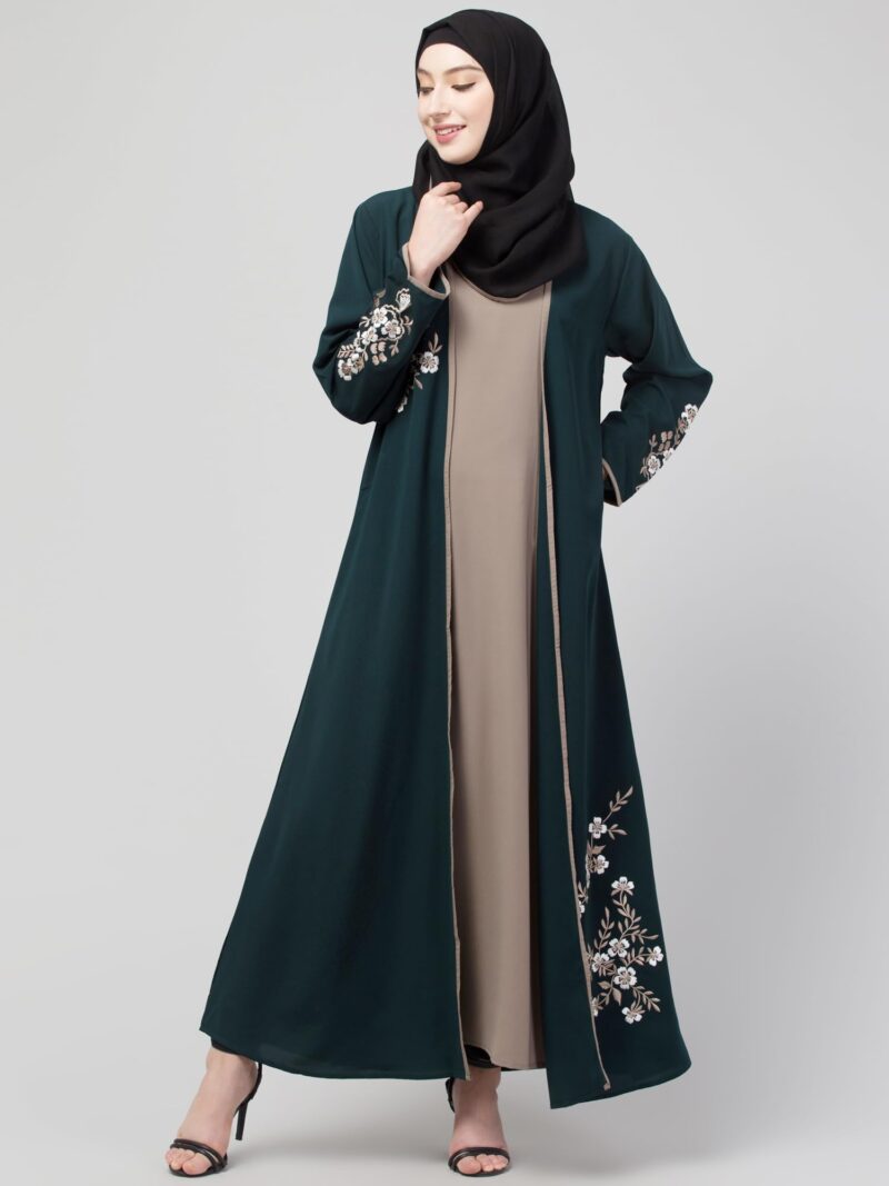 N4N Garments Abaya for women and girls Latest Embroidered Shrug Design Burqa Dress (M, GREEN-BEIGE) - Image 6