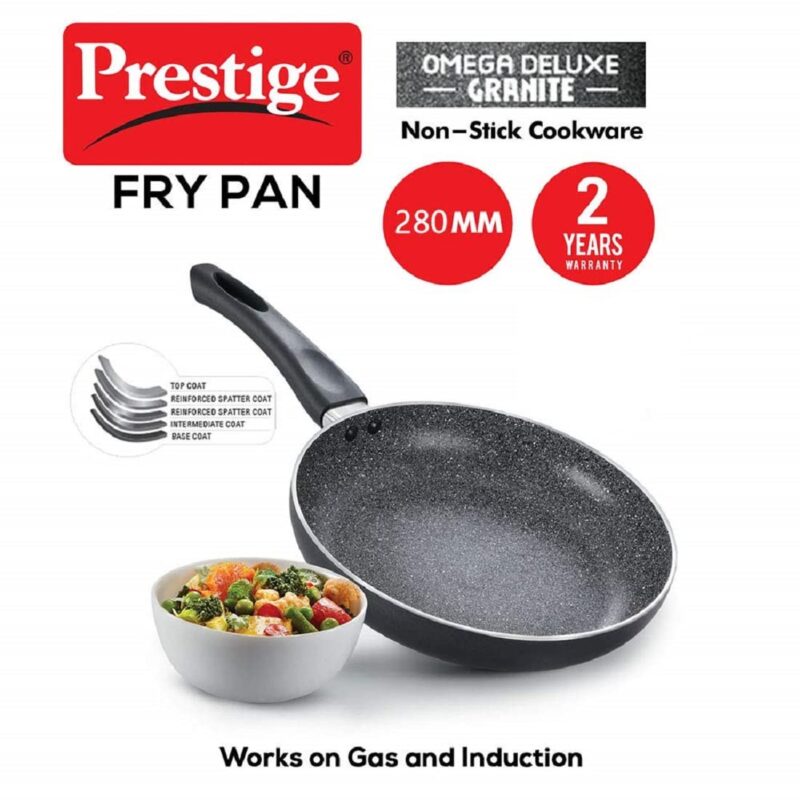 Prestige Omega Deluxe Granite Non-Stick Round Base Fry Pan, 28cm - 3L |Metal Spoon Friendly |Aluminium|Durable Granite Finish|Black - Image 7