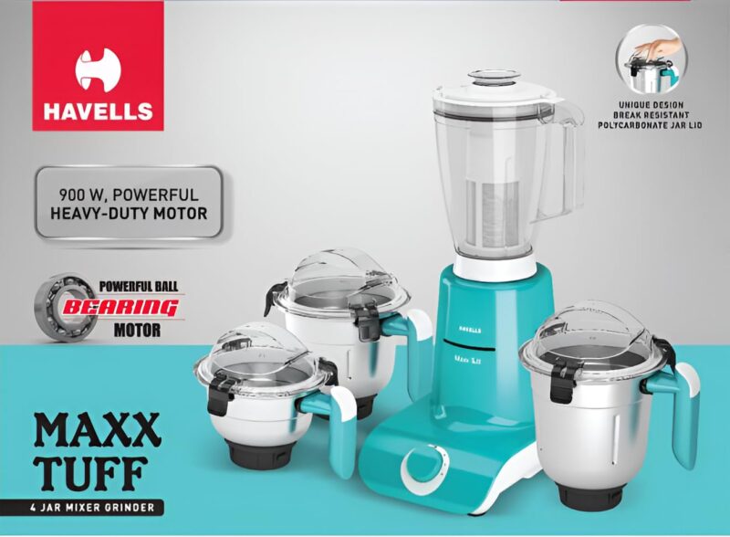 Havells Maxx TUFF Heavy Duty 900 Watts 4 Jar Mixer Grinder, Ball Bearing Copper Motor, 22000 RPM, Large Size Break Resistant Jars with Flow Breaker, 5Years Motor Warranty (White/green) - Image 2