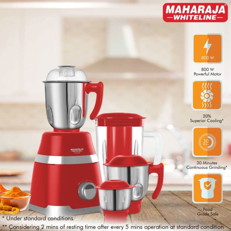 Maharaja Whiteline Ultramax Elite Mixer Grinder with 4 Jars, Long Lasting Performance with 800 Watt Motor | Vacuum Feet | Overload Heat Protector | 5 Year Motor Warranty (Red) Plastic - Image 7
