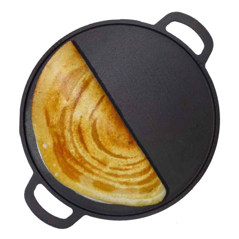 Earthfit Cast Iron Dosa Tawa (12"/ 30 cm) is Perfect Choice for Making Dosa, Uthappam, Roti & Chapatis. The Pre Seasoned Dosa Tawa Design is Compatible with Gas Stove, Oven & Camp Fire