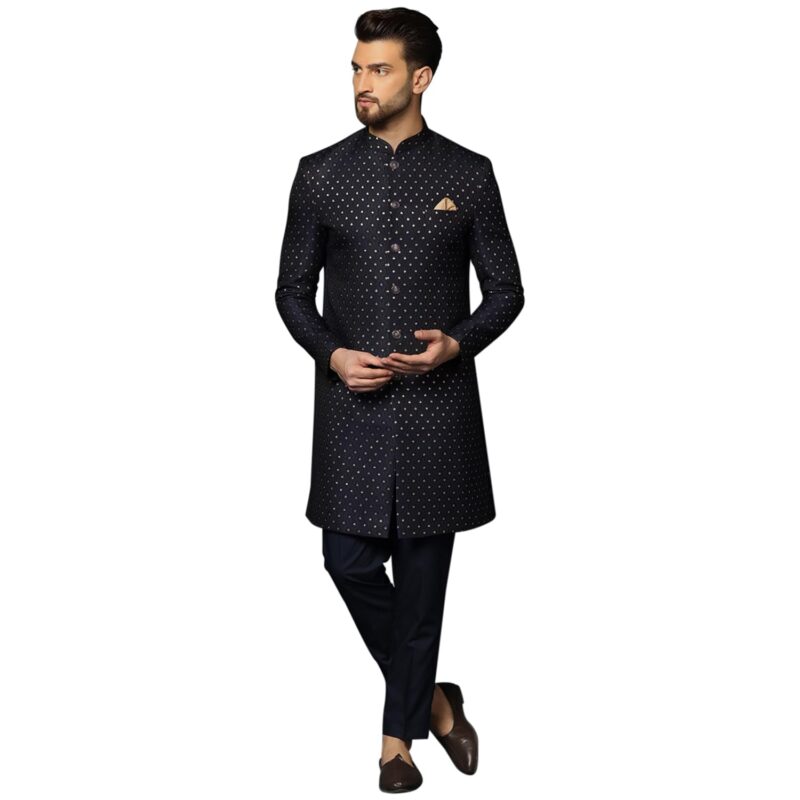 KISAH Men's Black Sherwani Trousers Set, Indo-Western, Cotton Full Sleaves, Knee Length, Straight, Regular Fit, Mandarin Collar Ethnic wear, 40