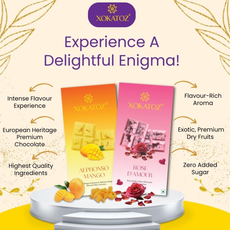 XOKATOZ Exotic Premium Chocolate - 1 Rose D’Amour + 1 Alphonso Mango Flavour - Flavoured White Chocolate Bars - Gift Set - Pack of 2, 150 gm (75gm X 2) - Image 5