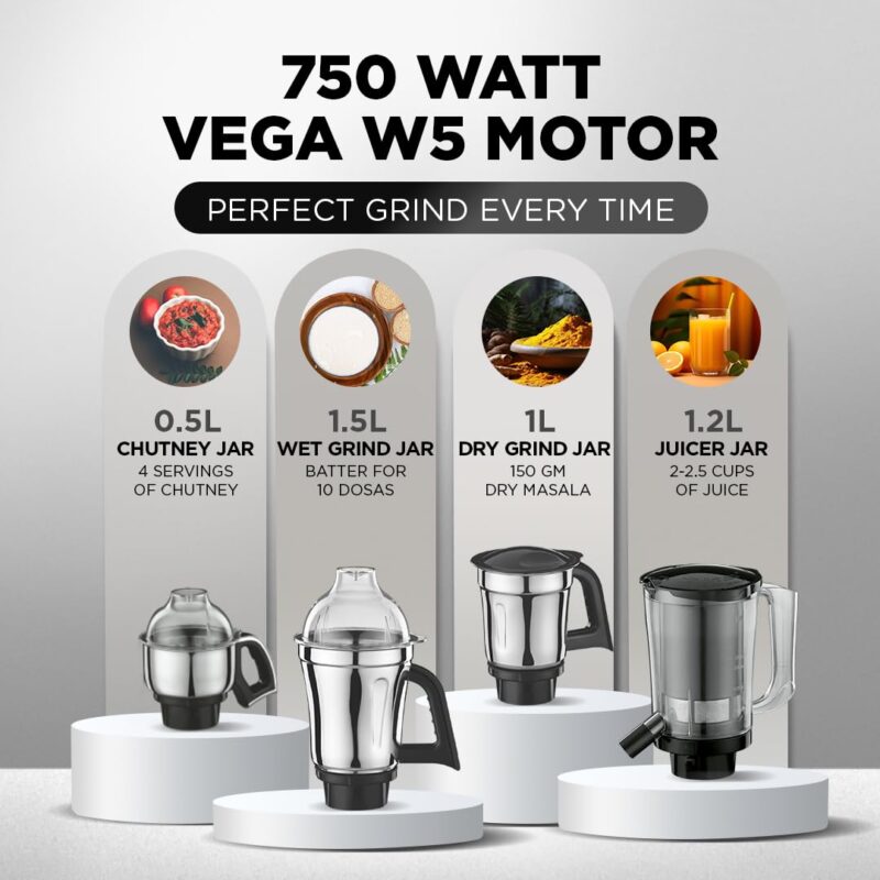 Preethi Zodiac Stardust Mixer Grinder for Kitchen, 5 Jars 750 Watt Mixie (3 Stainless steel Jars +1 Juicer Jar+1 Master Chef Plus Food processor Jar), Black/Copper (MG-265) - Image 5