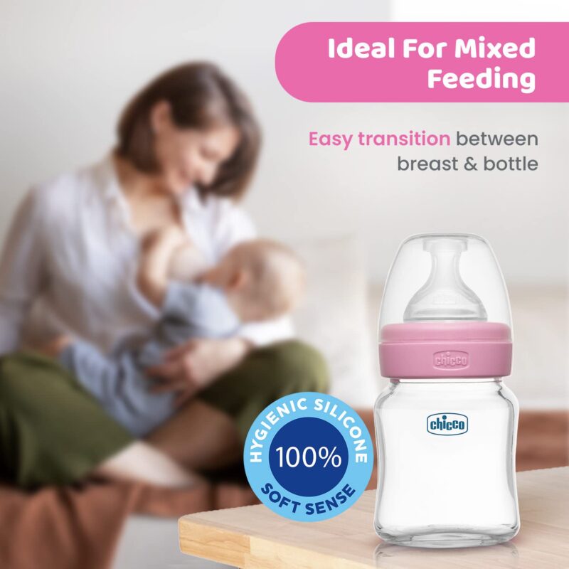 Chicco Well-Being Glass Feeding Bottle for Babies (120ml, Slow Flow) | Premium Borosilicate Glass for High Durability | Elongated Teat for Correct Latch | Comes with Anti-Spill Cap | BPA Free (Pink) - Image 2