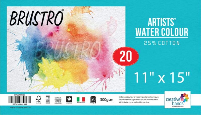Brustro Artists Watercolour Paper, 25% Cotton, 300 GSM, Cold Pressed, Size - 11" x 15" (Inches), Pack of 20 Sheets