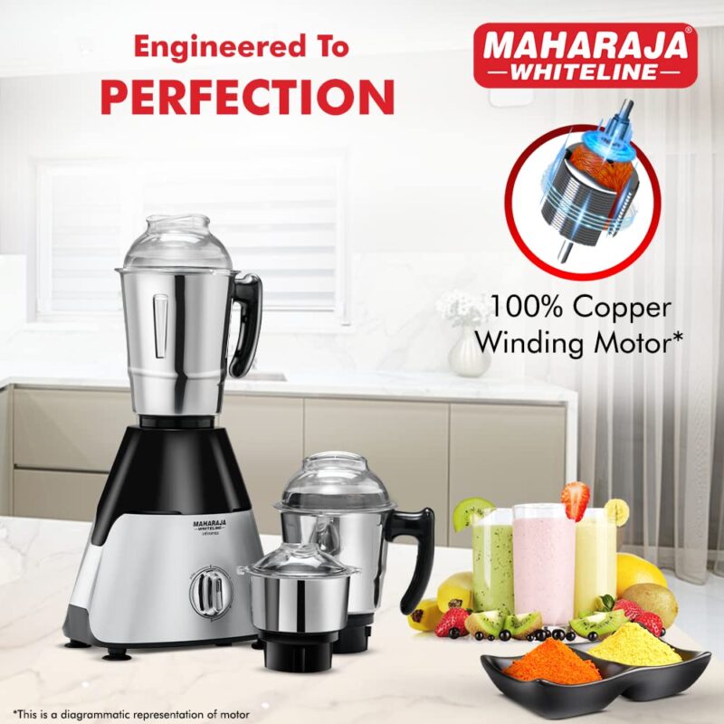 Maharaja Whiteline Infinimax HD Mixer Grinder with 3 Jars, 1000 Watts, Silver & Black, 5 Years Warranty on Motor, Plastic - Image 6