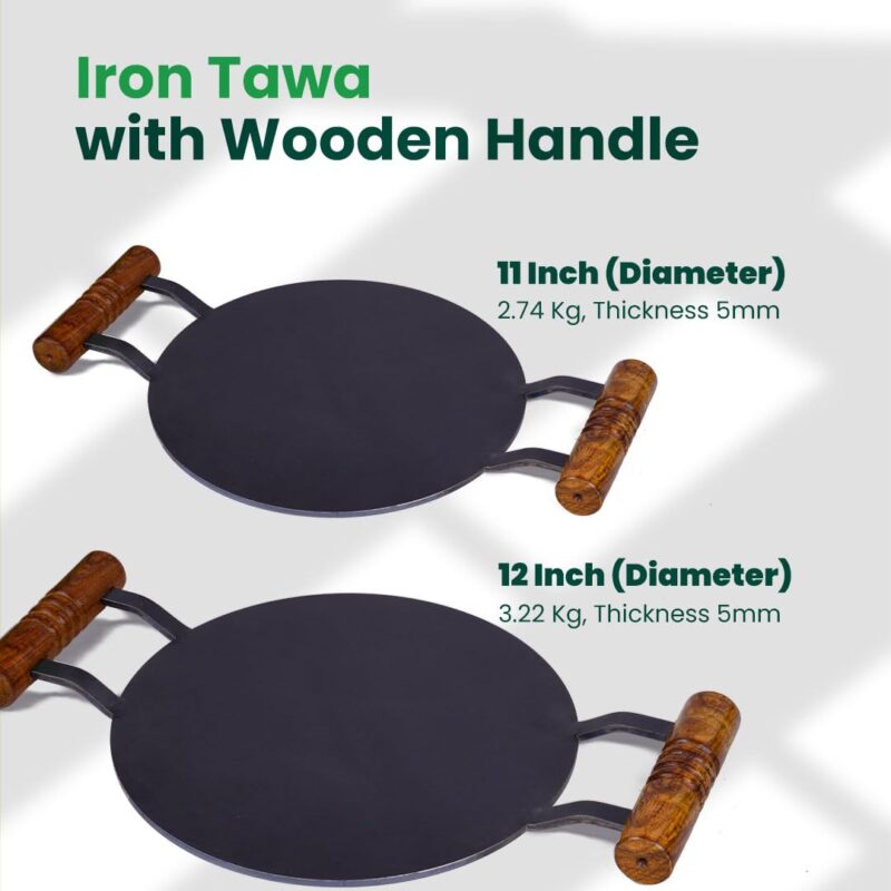 The Indus Valley Pre-Seasoned Round Iron Tawa with Wooden Handle | 12inch/30.4cm - 3.22kg | Induction Friendly | Pre-Seasoned Tawa, 100% Pure & Toxin-Free, No Chemical Coating - Image 9