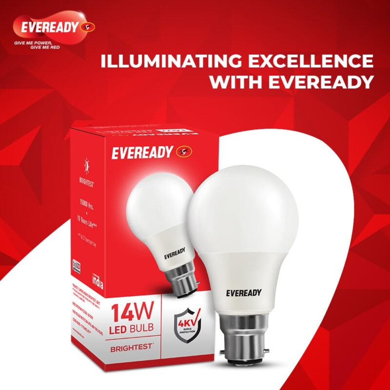 Eveready 14W Led Light Bulb | High Efficiency & Glare-Free Light | 4Kv Surge Protection | Long Life & Low Maintenance | Uniform Light Distribution| Cool Day Light (6500K) | Pack Of 4, B22D - Image 6