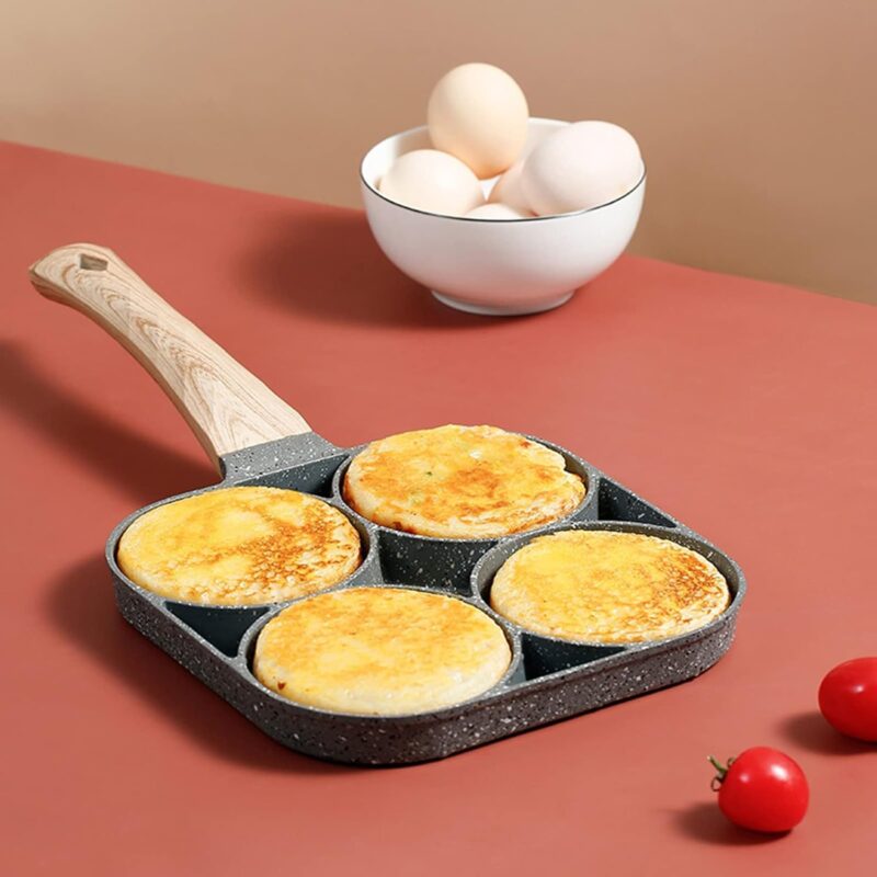Cazuela 4 Cups Egg Pan Omelette Pan Frying Pan Egg Frying Pan 4 Cup Crepe Pan Granite Egg Cooker Breakfast Pancakes Pan Suitable for Gas Stove & Induction Cookware (Wood Grain Handle) - Image 9