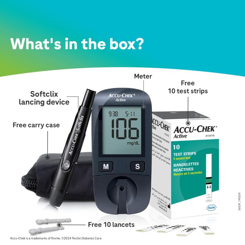 Accu-Chek Active Blood Glucose Glucometer Kit with Vial of 10 Strips, 10 Lancets and a Lancing device FREE - Image 3