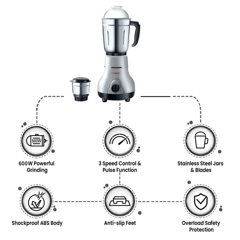 DigiSmart Kitchen Mate Powerful 600 Watt Mixer Grinder (Gray and Black) | 2 Jar | Comes With 2 Year Warranty (BLACK & GRAY) - Image 4