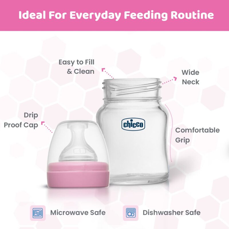 Chicco Well-Being Glass Feeding Bottle for Babies (120ml, Slow Flow) | Premium Borosilicate Glass for High Durability | Elongated Teat for Correct Latch | Comes with Anti-Spill Cap | BPA Free (Pink) - Image 3