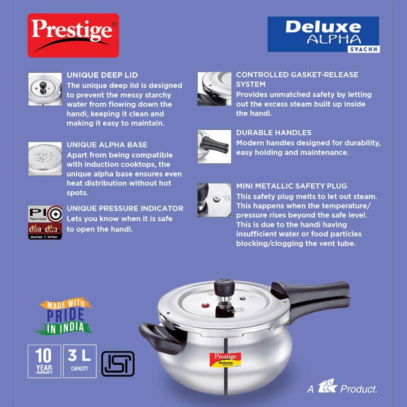 Prestige Svachh Deluxe Alpha Mini Pressure Handi,With Deep Lid For Spillage Control,3 Liter,Stainless Steel,Silver,Outer Lid - Image 4